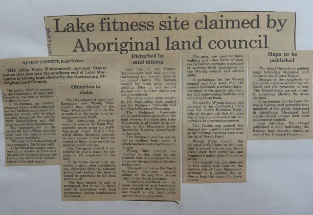 Lake Macquarie land claims. Newcastle Herald 1985.  Newcastle Library.